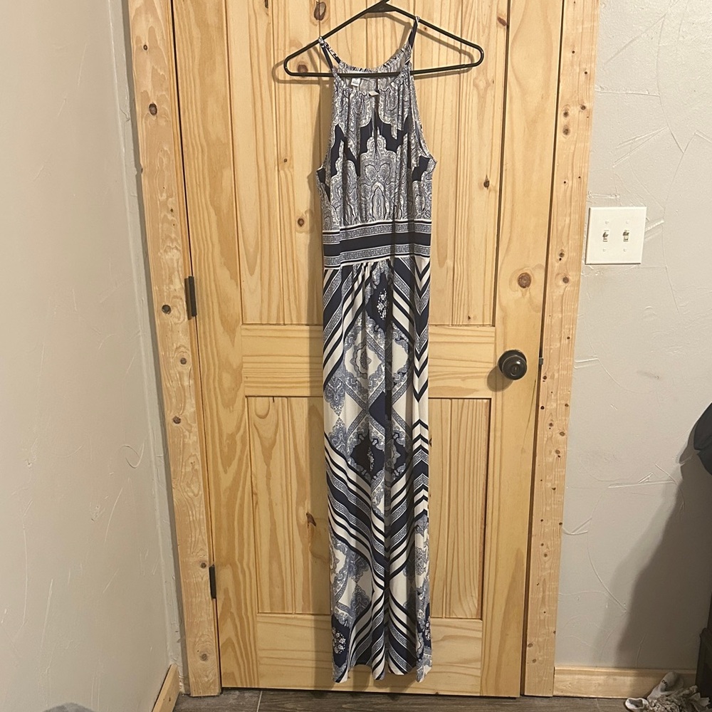 London Times Navy and White Patterned Maxi Dress